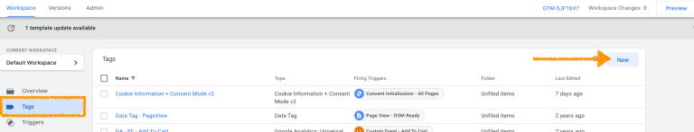 Screenshot: adding a new tag to Google Tag Manager